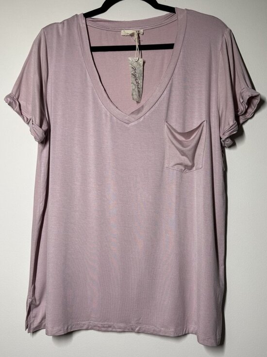 Mystree Tops - Mystree Dusty Mauve/Rose V Neck Pocket Tee Short Sleeve Relaxed Top L NWT